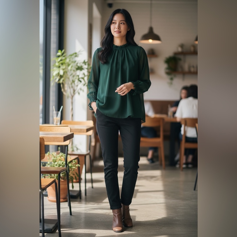 NWT Emerald green sheer blouse. Size L- ruffle neck and sleeves details